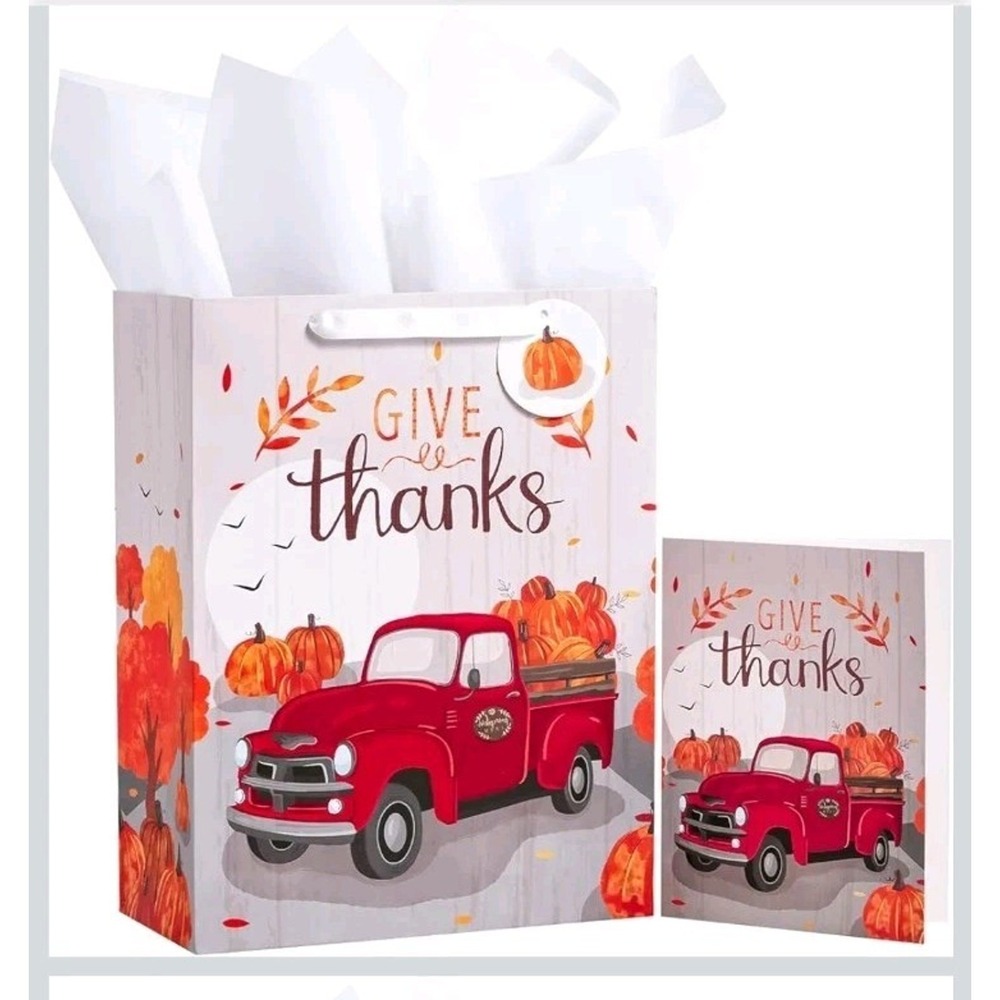 WRAPAHOLIC Large Thanksgiving Gift Bag Red Truck Pumpkins Card Tissue Paper 13in